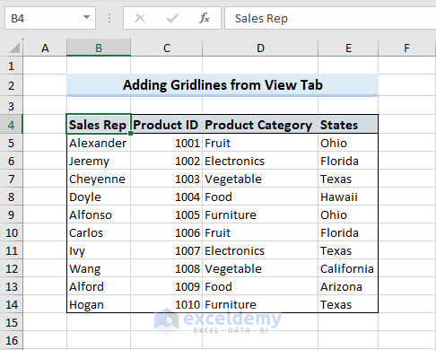 Add Gridlines in Excel