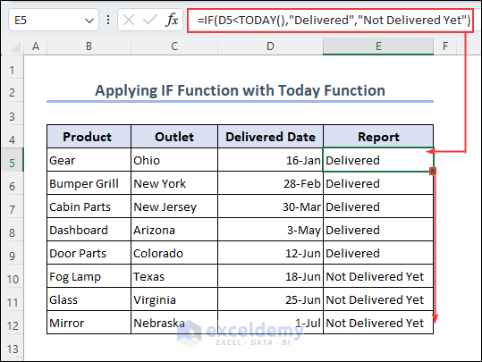 Applying Formula with IF and date function TODAY in Excel