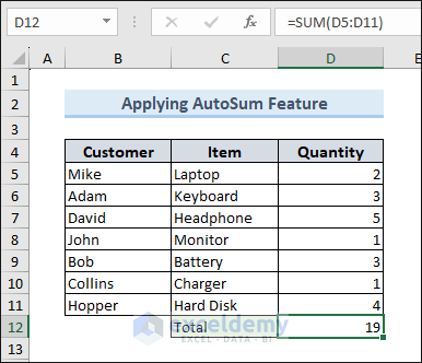 AutoSum feature calculates sum