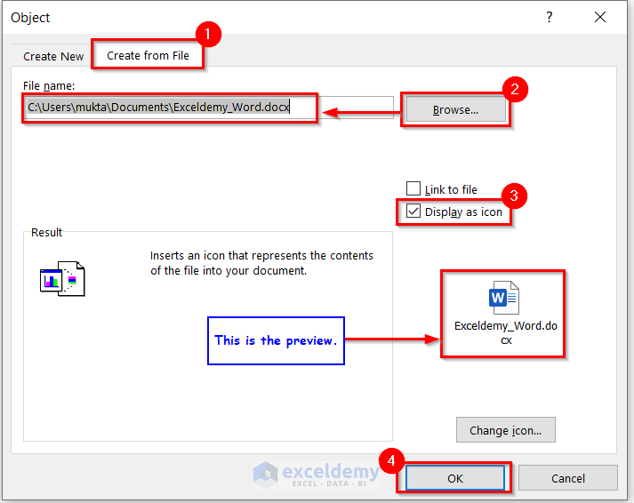 Browse the file for attachment in Excel