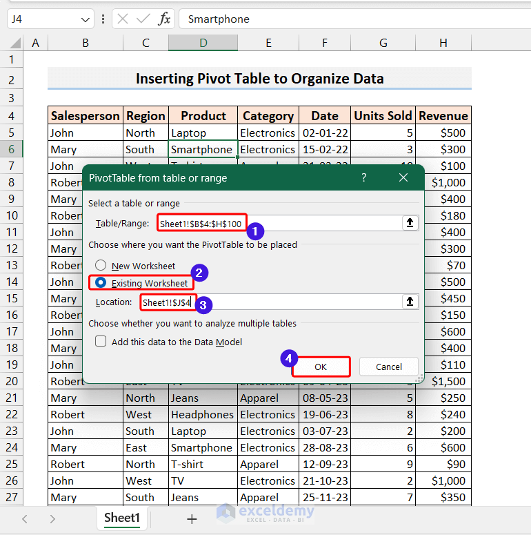 Selecting Range and Destination for PivotTable