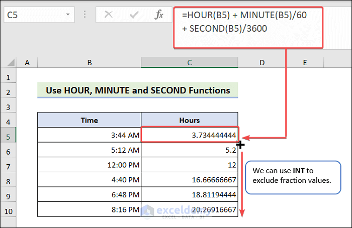 Time Conversion into Hours using HOUR MINUTE SECOND