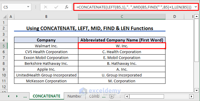 Using CONCATENATE, LEFT, MID, FIND, LEN Functions for Abbreviation