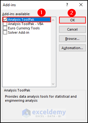 3- checking data analysis toolpak from add-ins dialogue box