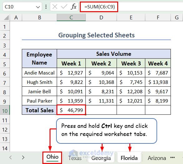 Grouping selected sheets in Excel