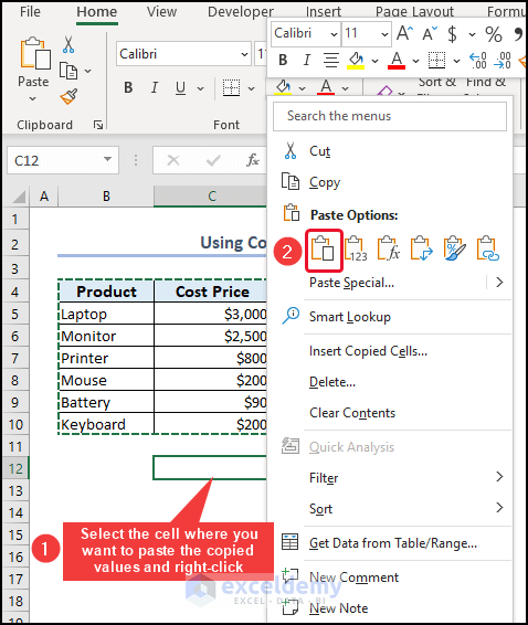 Select Paste from Context Menu