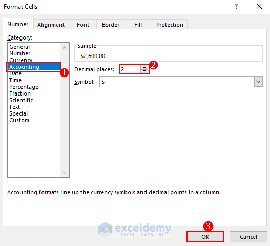 desired decimal place in the format cells menu