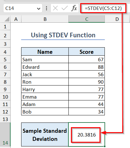 using STDEV function to calculate standard deviation in Excel
