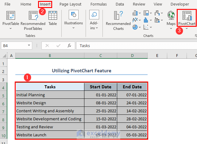 Go to Insert tab and select PivotChart