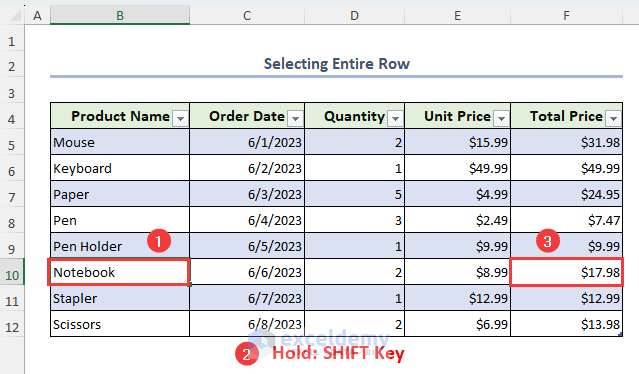 Holding SHIFT key to select entire row