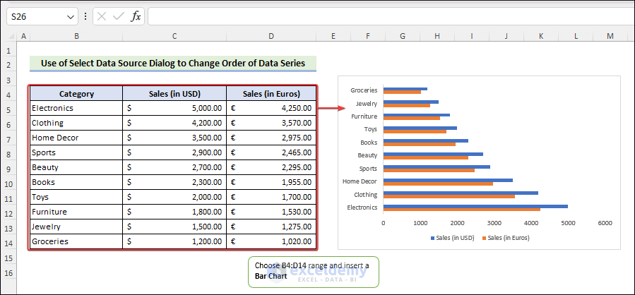 Insert a chart to change the order of data series