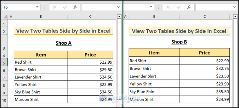 30- final output image of  using View Side by Side mode to compare two tables from two different workbooks