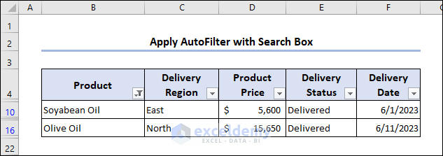 Output of AutoFilter with search box