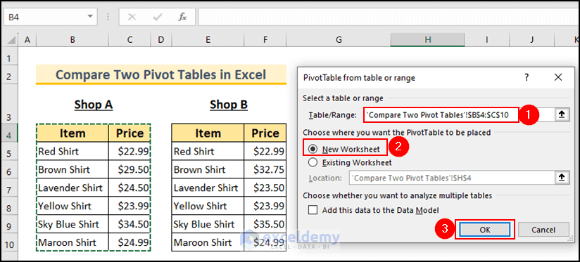 32- selecting range to create a pivot table for a dataset of Shop A