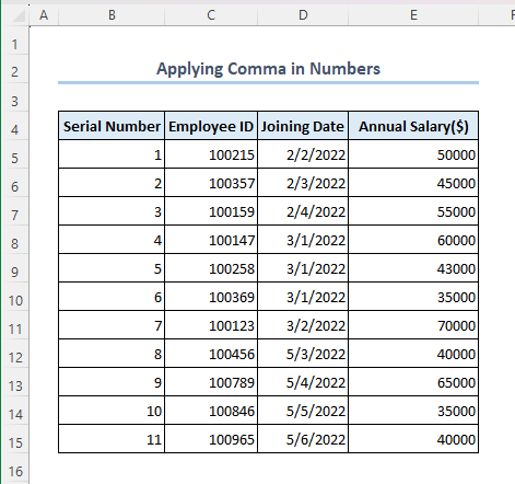 Dataset to show how to apply comma in numbers