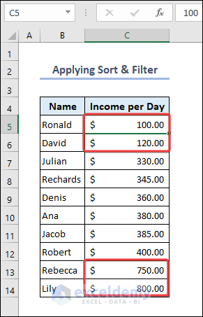 Apply Sort and Filter to get Outliers in Excel