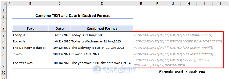 Combining text and date using CONCATENATE and TEXT functions