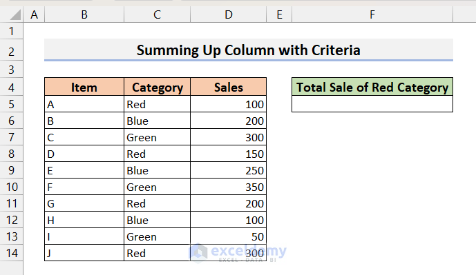 Dataset for summing up a column with Criteria