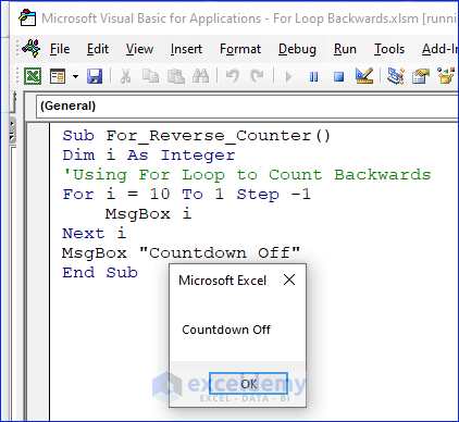 Excel VBA For loop Backward Counter Final Result