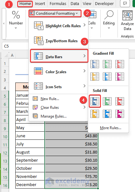 Inserting data bars with Solid Fill using Conditional Formatting feature