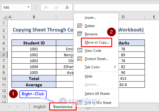 Right-Click Options for Copying Sheet