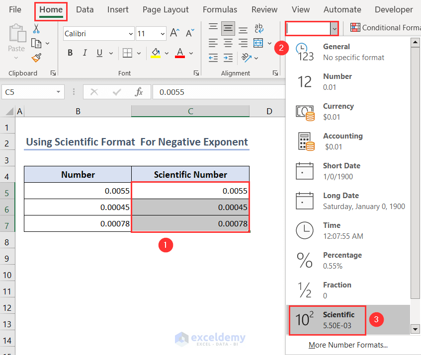 Selecting Scientific option from Number section under Home tab