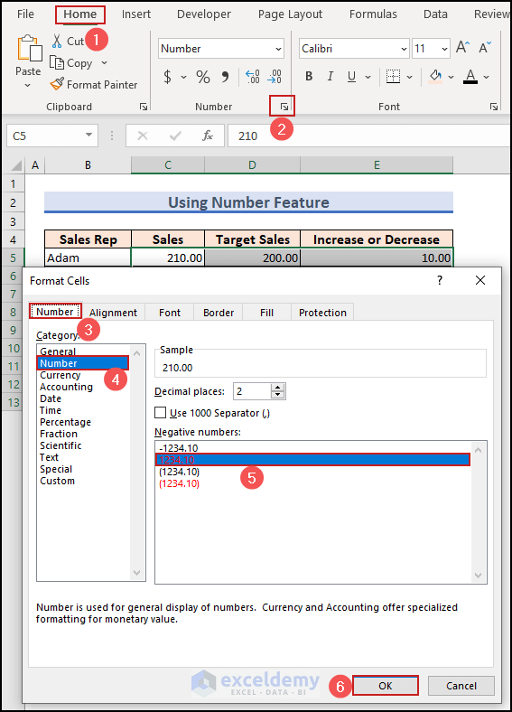 4-Using Number feature to show negative number in Excel