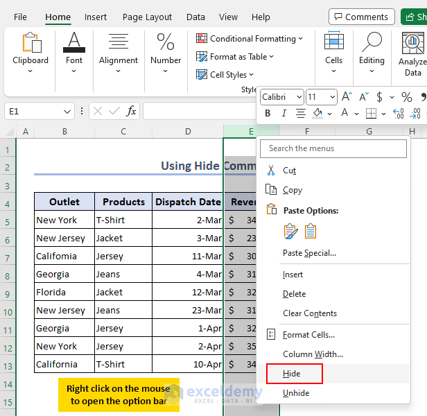Utilizing option bar to hide cells in Excel