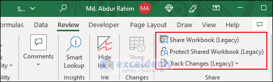 Visible Share Workbook, Protect Sharing (Legacy) and the Track Changes (Legacy) commands to the Share group