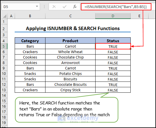 4- applying ISNUMBER & SEARCH functions to find if cell contains text