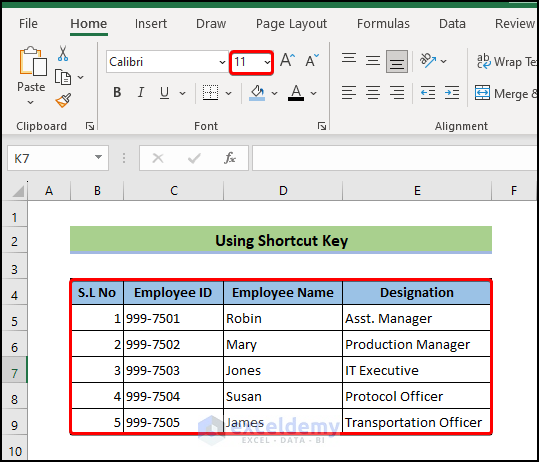 change fonts size in Excel