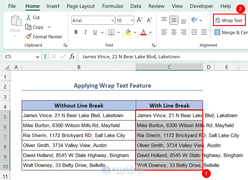 Applying Wrap Text feature to insert line break
