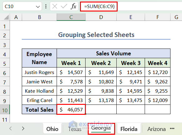 Applying formula in grouped sheets