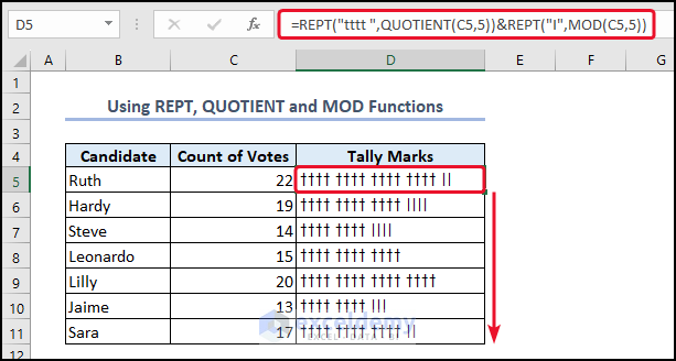 Combining Functions to make tally amrk in Excel