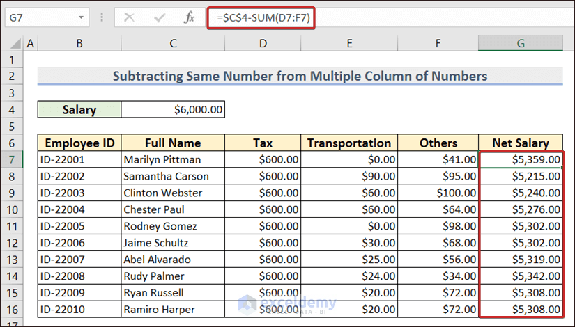 Subtracting Same Number from Multiple Column of Numbers