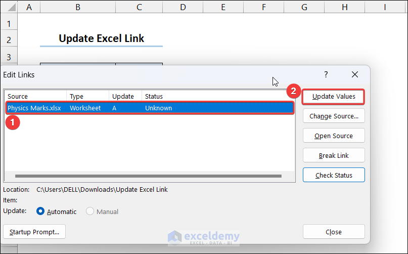 Using Updated values feature to Update Links from the source file to the target Excel file