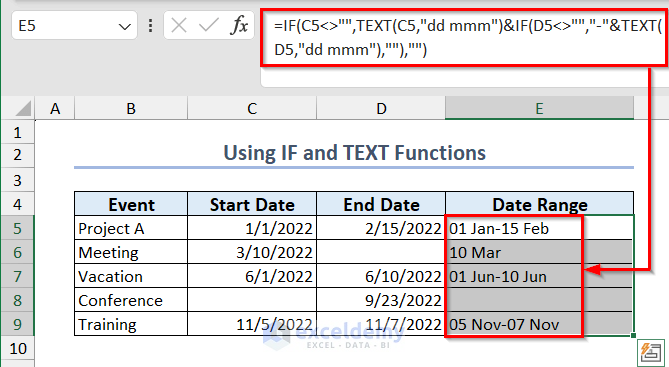 Using IF and TEXT Functions to Create Date Range When Start or End Date Is Missing