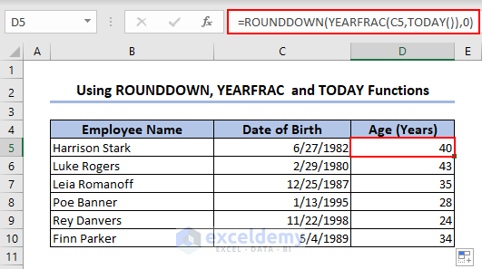  Using ROUNDDOWN, YEARFRAC and TODAY functions to calculate current age in Excel