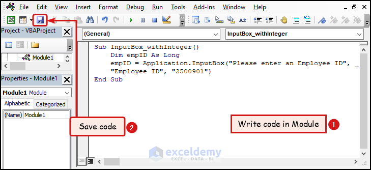 Writing and saving VBA code to create InputBox with Default Integer Value in Excel