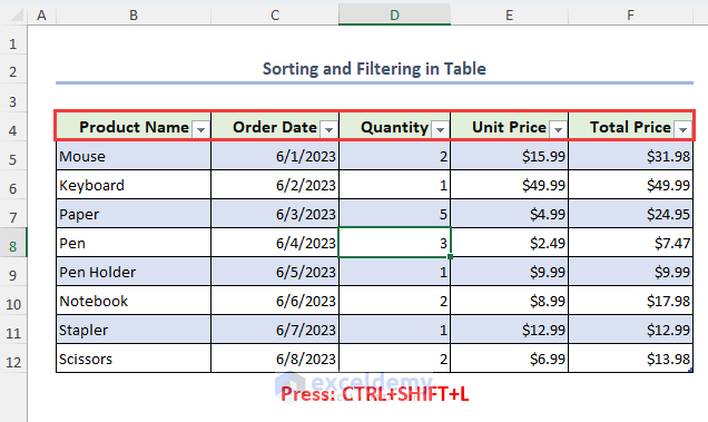 Using keyboard shortcut to enable filter feature inside a table