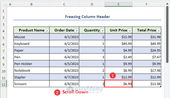 Selecting the last cell from the table and scrolling down to check the header row is visible or not