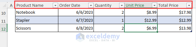 Final output with freezing column header in Excel table