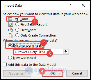 Selecting Location for Power Query Table
