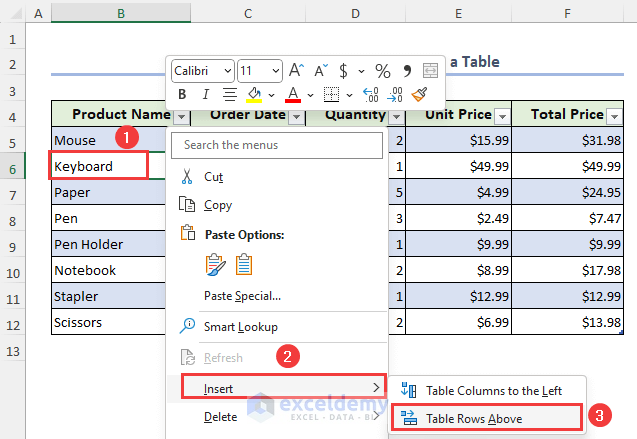 Using Advanced options to insert a row between table