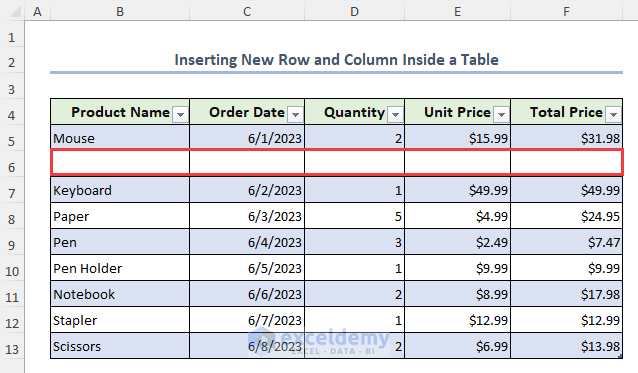Final result with inserting a new blank row inside an Excel table