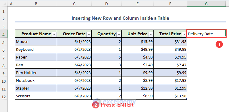 Writing a new header to insert a column inside a table