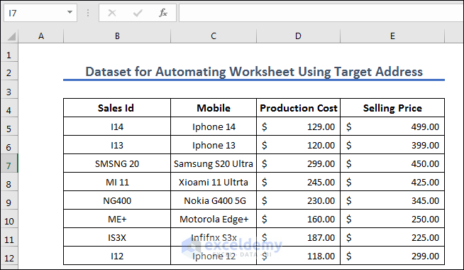 Dataset for Automating Worksheet Using VBA Target Address in Excel