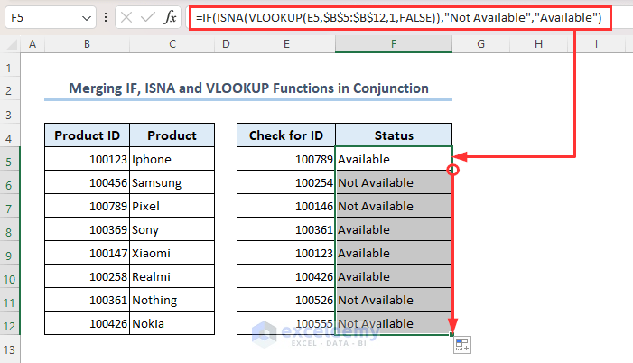 Applying IF, ISNA and VLOOKUP functions to find missing values in Excel