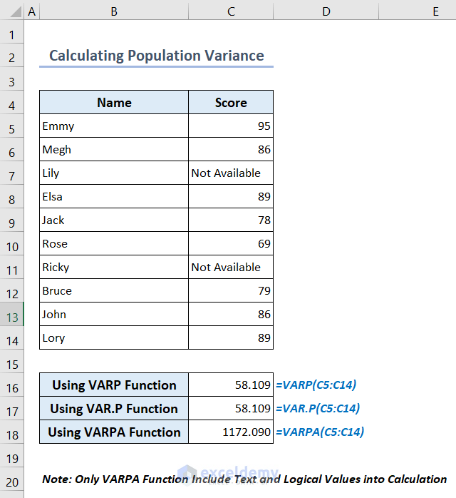 Calculating population variance using different Excel functions