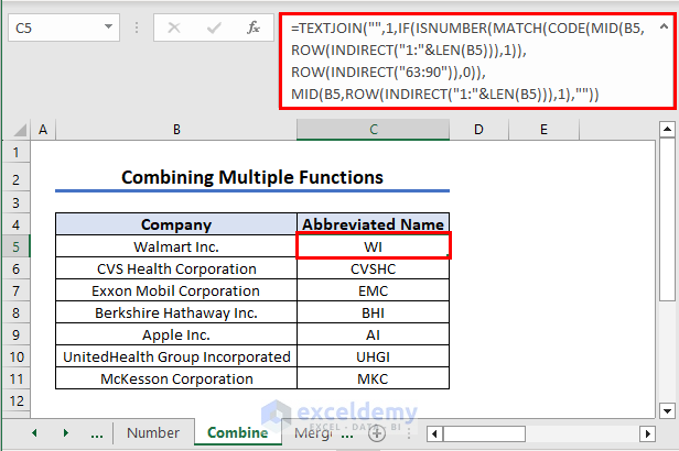 Combining TEXTJOIN, ISNUMBER, MATCH, CODE, MID, ROW, INDIRECT, LEN, and ROW Functions for Abbreviation
